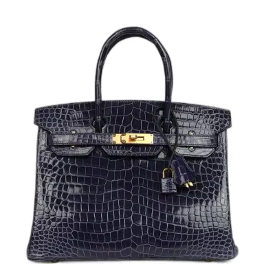 HERMÈS Pre-owned Hermes Birkin 30 Bleu Encre Shiny Porosus Crocodile Gold Hardware | Thumbnail 1