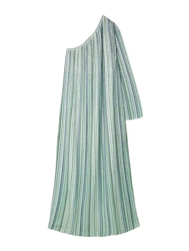 One-shoulder Sequin-trimmed Striped Crochet-knit Maxi Dress