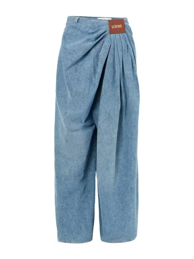 Leather-trimmed Draped Gathered High-rise Wide-leg Jeans