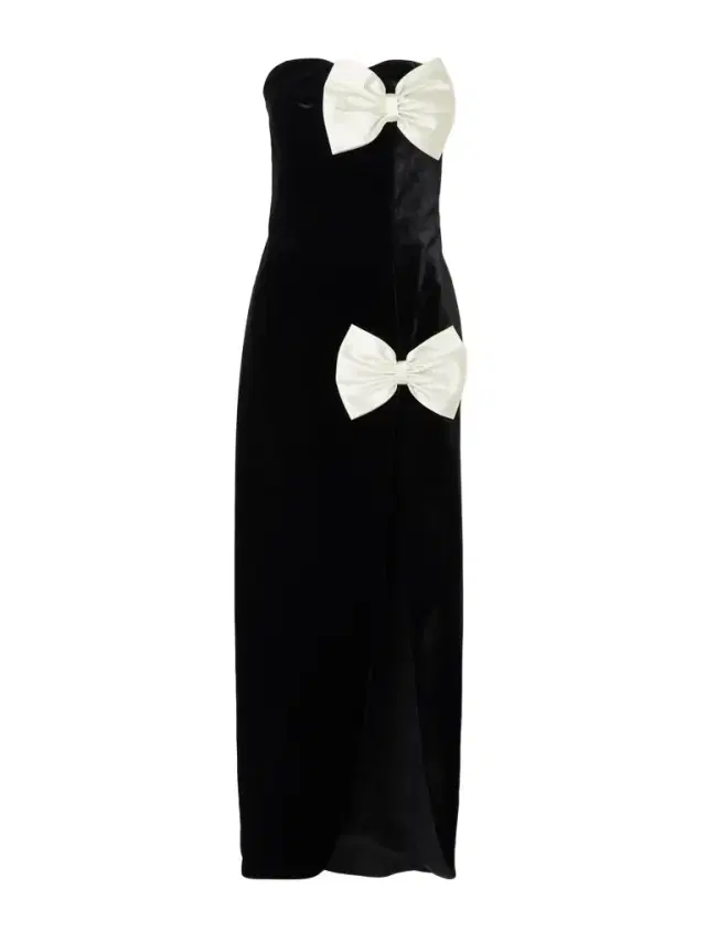 Strapless Bow-embellished Duchesse Satin-trimmed Velvet Gown