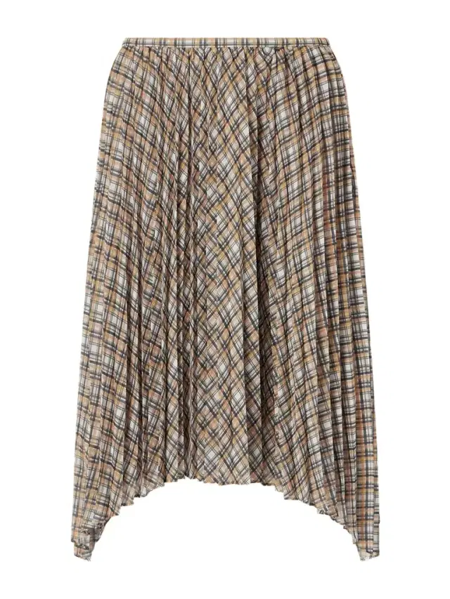 Asymmetric Pleated Checked Chiffon Midi Skirt