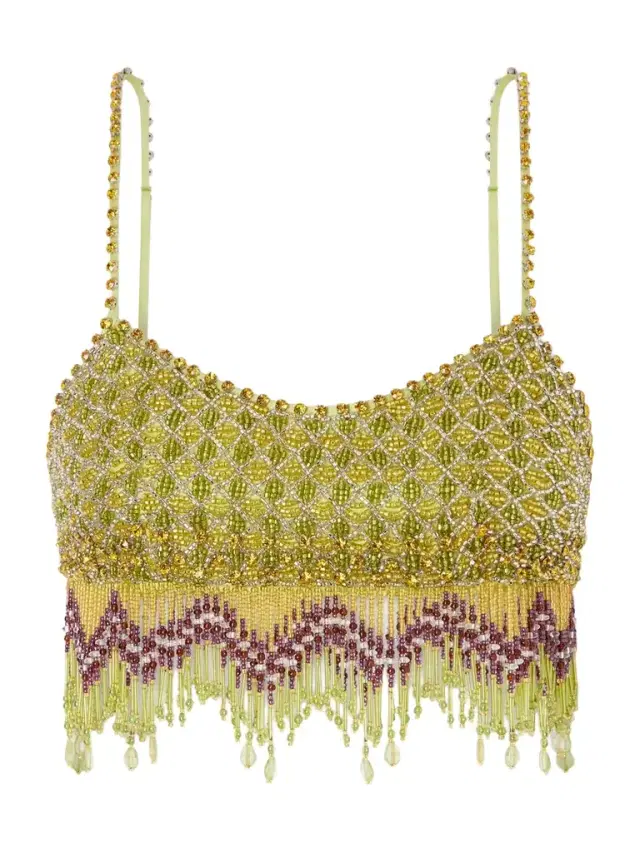 Bottleglass Cropped Fringed Beaded Satin Top