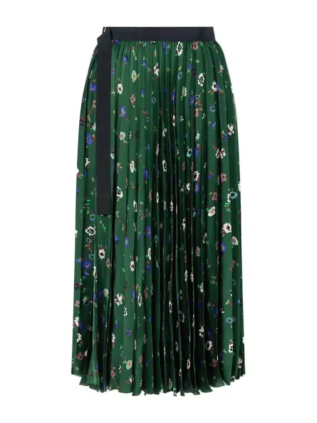 Belted Grosgrain-trimmed Pleated Floral-print Satin Midi Skirt