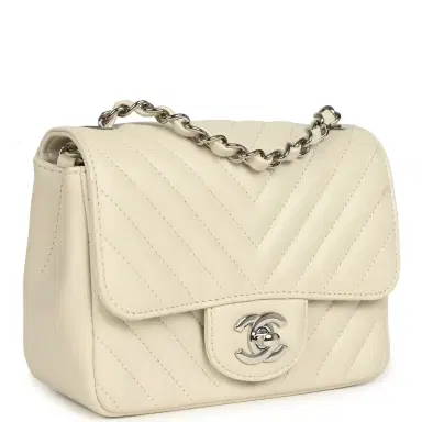 Chanel Pre-owned Chanel Mini Chevron Square Flap Bag Ivory Lambskin Silver Hardware | Thumbnail 2 Chanel Pre-owned Chanel Mini Chevron Square Flap Bag Ivory Lambskin Silver Hardware | Thumbnail 2