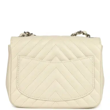Chanel Pre-owned Chanel Mini Chevron Square Flap Bag Ivory Lambskin Silver Hardware | Thumbnail 4 Chanel Pre-owned Chanel Mini Chevron Square Flap Bag Ivory Lambskin Silver Hardware | Thumbnail 4