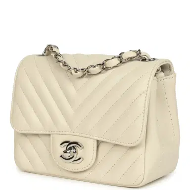 Chanel Pre-owned Chanel Mini Chevron Square Flap Bag Ivory Lambskin Silver Hardware | Thumbnail 5 Chanel Pre-owned Chanel Mini Chevron Square Flap Bag Ivory Lambskin Silver Hardware | Thumbnail 5