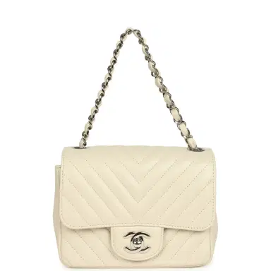 Chanel Pre-owned Chanel Mini Chevron Square Flap Bag Ivory Lambskin Silver Hardware | Thumbnail 7 Chanel Pre-owned Chanel Mini Chevron Square Flap Bag Ivory Lambskin Silver Hardware | Thumbnail 7