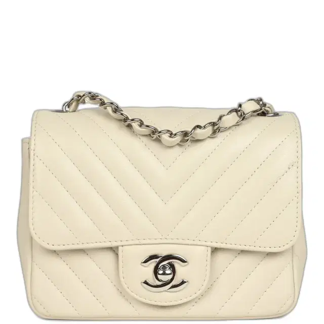 Chanel Pre-owned Chanel Mini Chevron Square Flap Bag Ivory Lambskin Silver Hardware