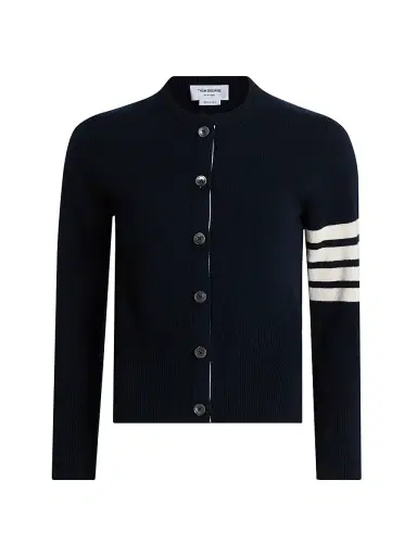 Thom Browne Women's Four Bar Wool Cardigan - Navy - Size 0 | Thumbnail 1 Thom Browne Women's Four Bar Wool Cardigan - Navy - Size 0 | Thumbnail 1