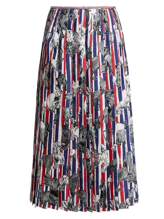 Thom Browne Women's Pleated Printed Silk Twill Midi-Skirt - Red White Blue