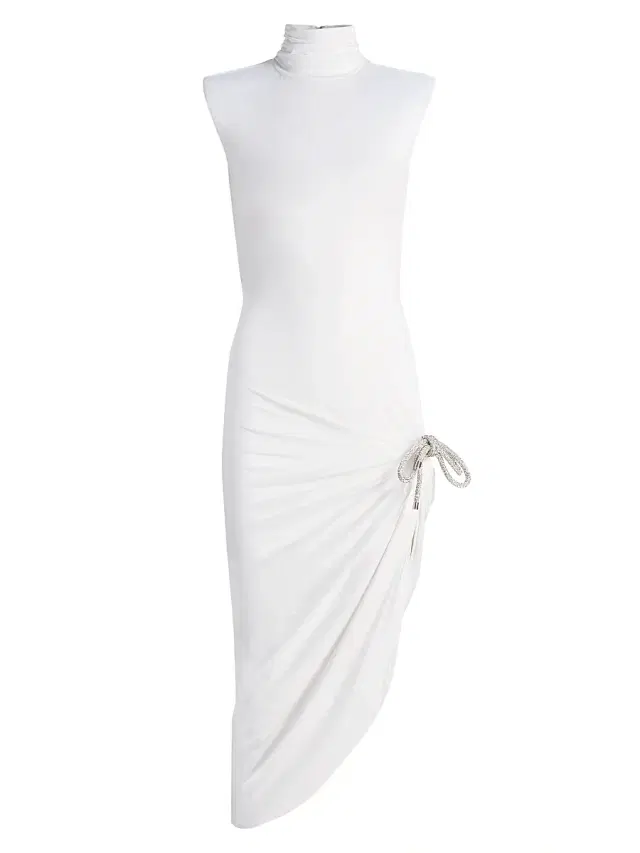 AREA Women's Crystal Knot Draped Midi-Dress - White