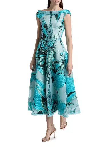 Talbot Runhof Women's Floral Jacquard Tea-Length Dress - Seafoam | Thumbnail 2