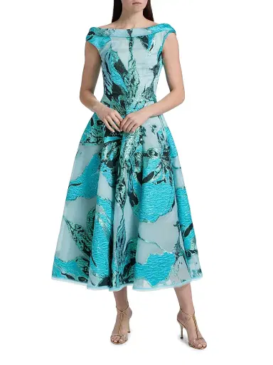 Talbot Runhof Women's Floral Jacquard Tea-Length Dress - Seafoam | Thumbnail 3
