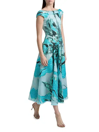 Talbot Runhof Women's Floral Jacquard Tea-Length Dress - Seafoam | Thumbnail 4