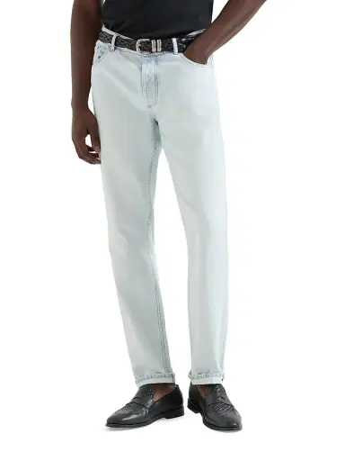 Brunello Cucinelli Men's Lightweight Denim Traditional Fit Five Pocket Jeans - Light Blue Denim | Thumbnail 2