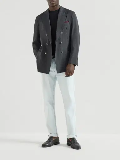 Brunello Cucinelli Men's Lightweight Denim Traditional Fit Five Pocket Jeans - Light Blue Denim | Thumbnail 6