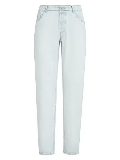 Brunello Cucinelli Men's Lightweight Denim Traditional Fit Five Pocket Jeans - Light Blue Denim | Thumbnail 1