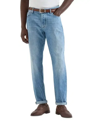 Brunello Cucinelli Men's Lightweight Denim Traditional Fit Five Pocket Jeans - Light Denim - Size 34 | Thumbnail 2