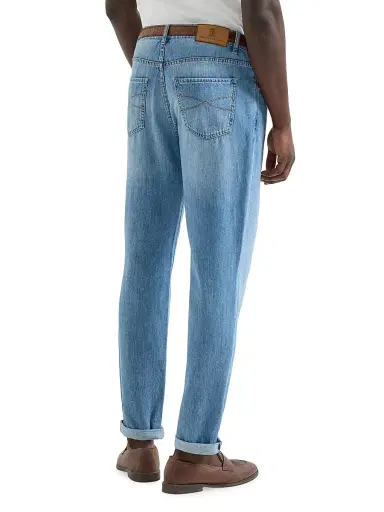 Brunello Cucinelli Men's Lightweight Denim Traditional Fit Five Pocket Jeans - Light Denim - Size 34 | Thumbnail 3