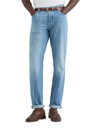 Brunello Cucinelli Men's Lightweight Denim Traditional Fit Five Pocket Jeans - Light Denim - Size 34 | Thumbnail 4