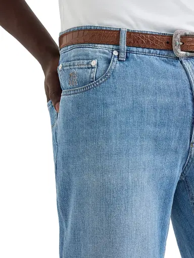 Brunello Cucinelli Men's Lightweight Denim Traditional Fit Five Pocket Jeans - Light Denim - Size 34 | Thumbnail 5