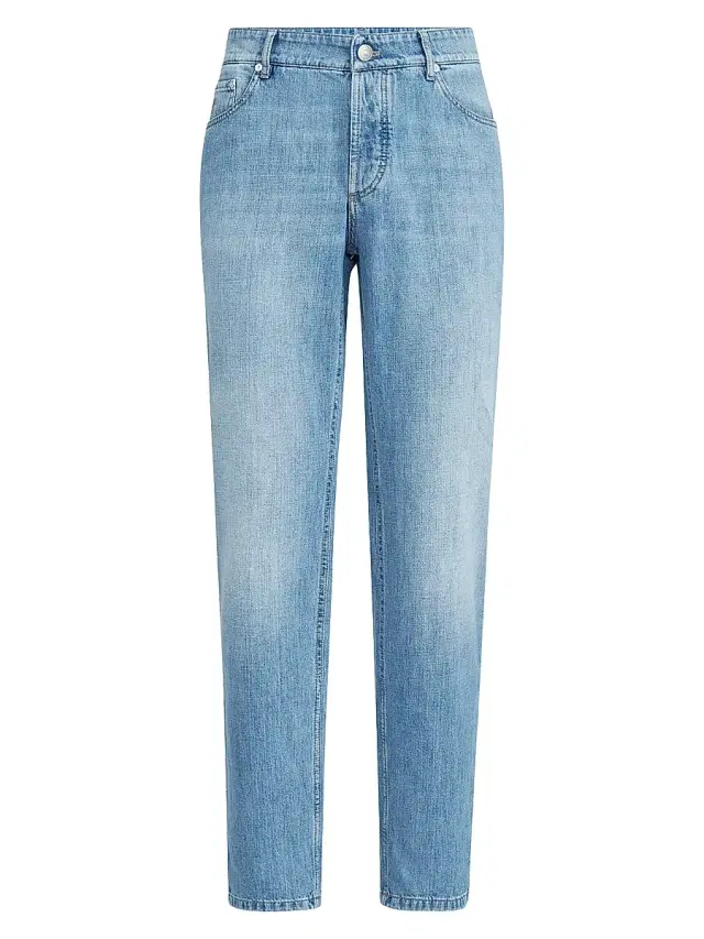 Brunello Cucinelli Men's Lightweight Denim Traditional Fit Five Pocket Jeans - Light Denim