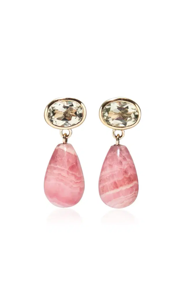 14K Gold Drop Earrings In Green Amethyst Pink Rhodochrosite