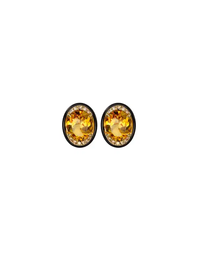 Wish Fine Jewelry 10.706ct Citrine Black Onyx Brown Diamonds 18K Gold Halo Stud Earrings