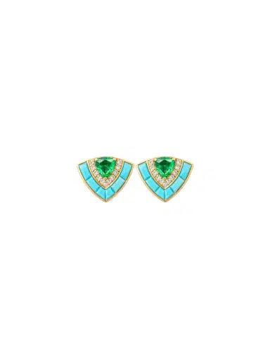 Wish Fine Jewelry 2.2225ct Diamond Emerald Turquoise 18K Gold Stud Earrings | Thumbnail 1
