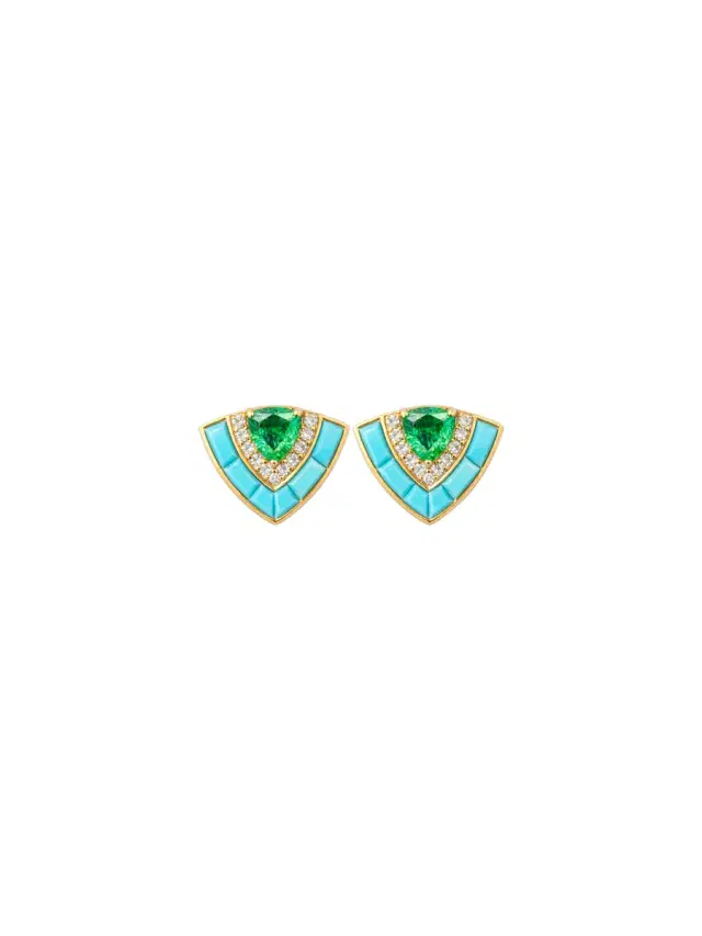 Wish Fine Jewelry 2.2225ct Diamond Emerald Turquoise 18K Gold Stud Earrings