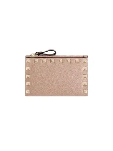 Valentino Garavani Women's Rockstud Grainy Calfskin Cardholder with Zipper - Poudre Pink | Thumbnail 1