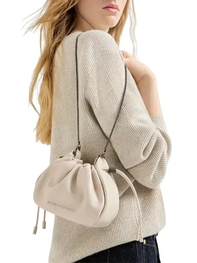 Brunello Cucinelli Women's Mellow Mini Bucket Bag in Soft Leather with Precious Chain - Ivory | Thumbnail 2 Brunello Cucinelli Women's Mellow Mini Bucket Bag in Soft Leather with Precious Chain - Ivory | Thumbnail 2