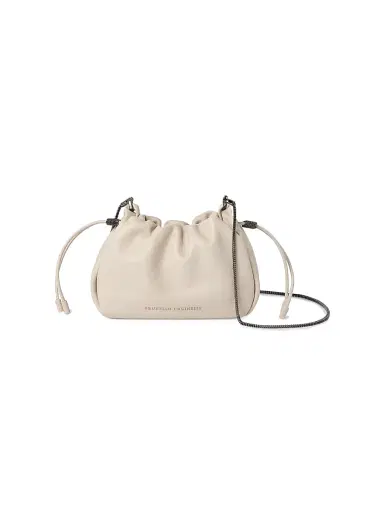 Brunello Cucinelli Women's Mellow Mini Bucket Bag in Soft Leather with Precious Chain - Ivory | Thumbnail 1 Brunello Cucinelli Women's Mellow Mini Bucket Bag in Soft Leather with Precious Chain - Ivory | Thumbnail 1