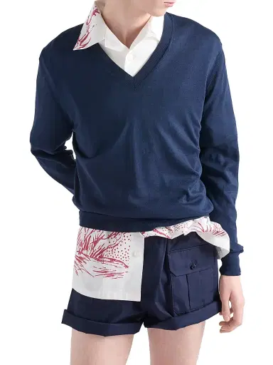 Prada Men's V-Neck Cotton Sweater - Blue | Thumbnail 2