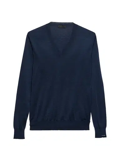 Prada Men's V-Neck Cotton Sweater - Blue | Thumbnail 1