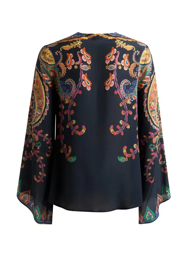 Silk Paisley Keyhole Blouse with Flared Sleeves
