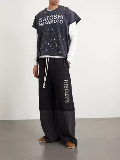 Satoshi Nakamoto Wide-Leg Logo-Embellished Cotton-Jersey and Waffle-Knit Sweatpants - Men | Thumbnail 2