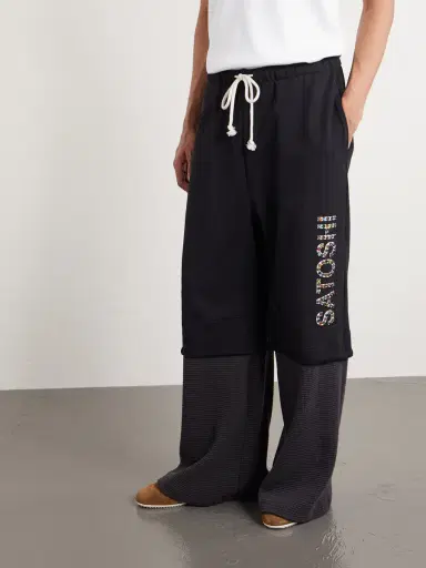 Satoshi Nakamoto Wide-Leg Logo-Embellished Cotton-Jersey and Waffle-Knit Sweatpants - Men | Thumbnail 3