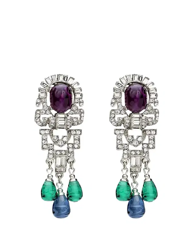 Ben-Amun Silver Crystal Oval Topa and Emerald Sapphire Drop Clip-On Earrings