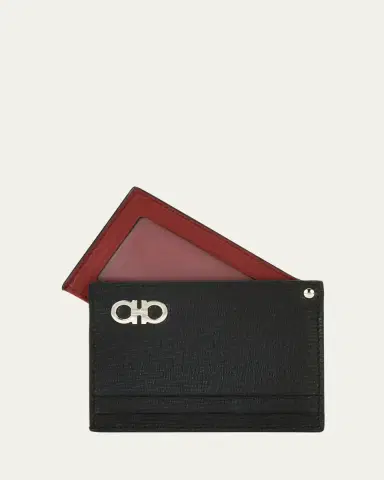 Ferragamo Men's Revival Gancini Leather Card Case with Flip-Out ID Window, Black/Red | Thumbnail 3