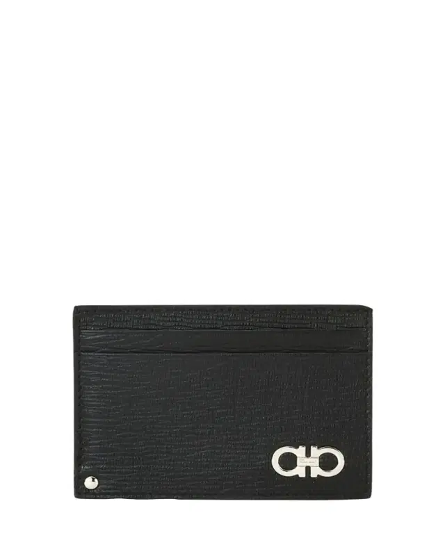 Ferragamo Men's Revival Gancini Leather Card Case with Flip-Out ID Window, Black/Red