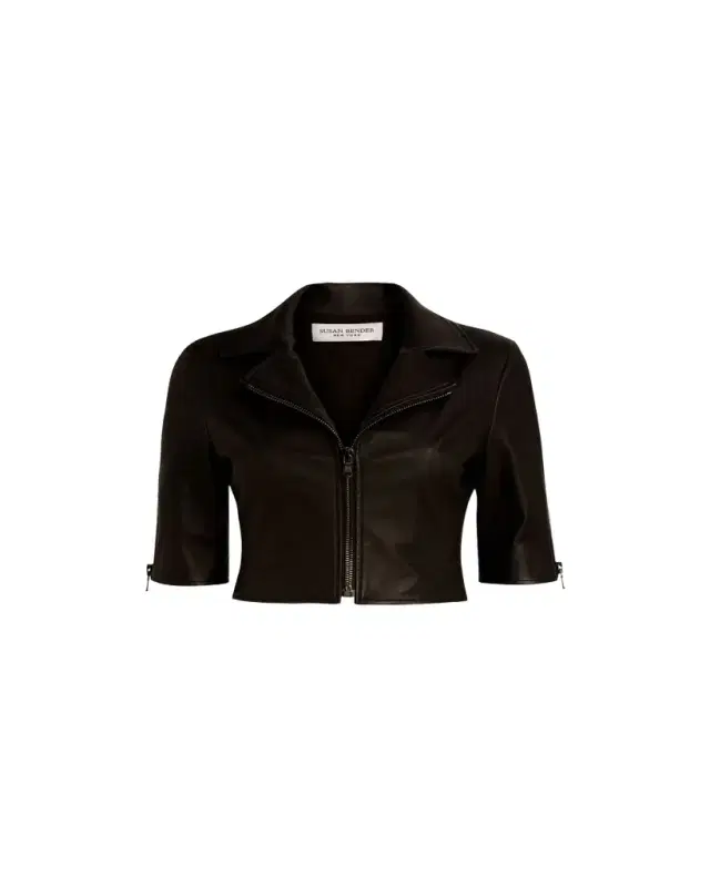Short-Sleeve Cropped Leather Moto Jacket