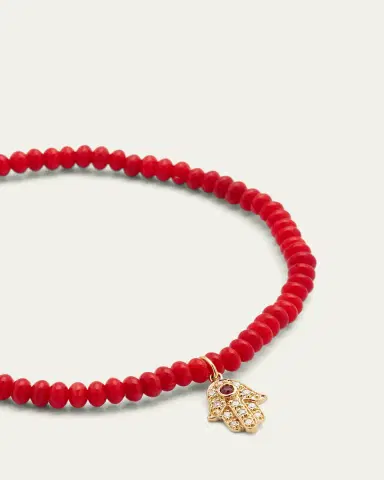 Sydney Evan 3mm Beaded Coral Bracelet with Diamond Hamsa Pendant | Thumbnail 3