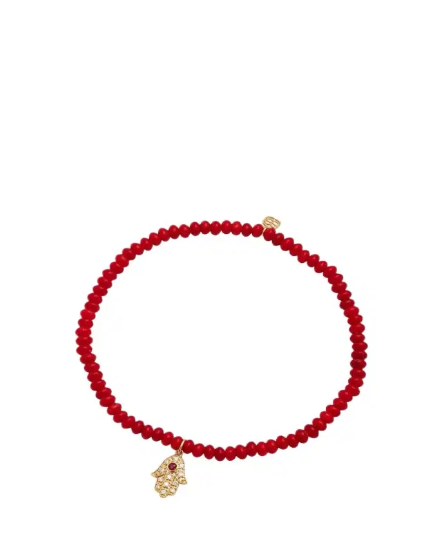 Sydney Evan 3mm Beaded Coral Bracelet with Diamond Hamsa Pendant