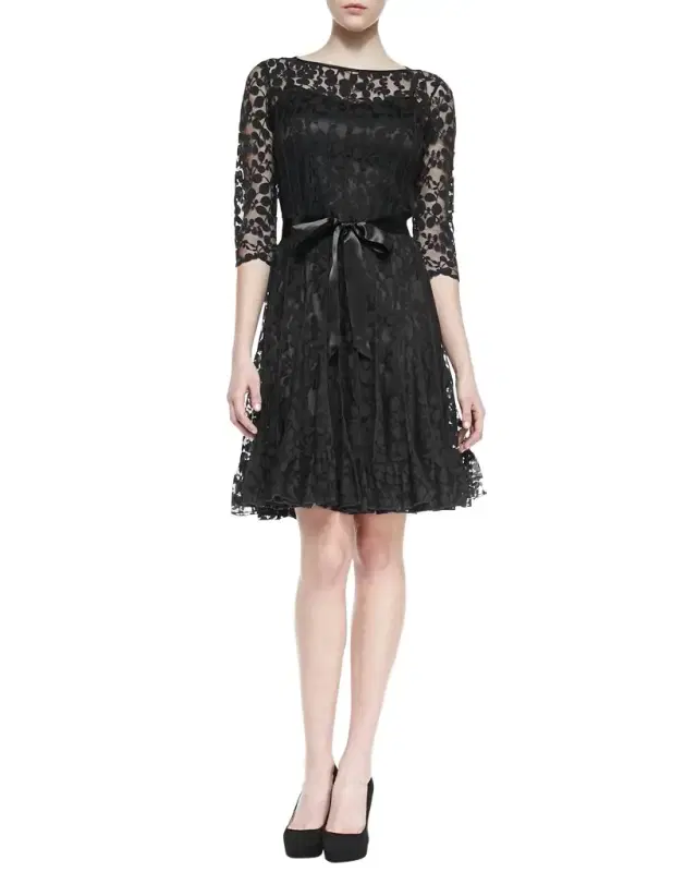 3/4-Sleeve Lace Overlay Cocktail Dress