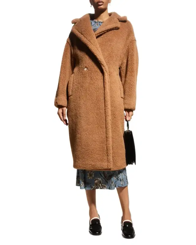 Double-Breasted Camel Hair Blend Teddy Coat