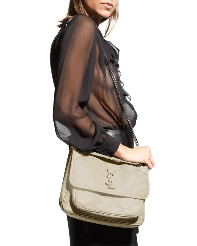 Niki Medium Flap YSL Shoulder Bag in Crinkled Leather