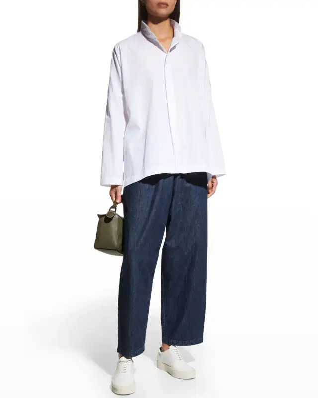 Wide Longer-Back Double Stand Collar Shirt (Mid Plus Length)