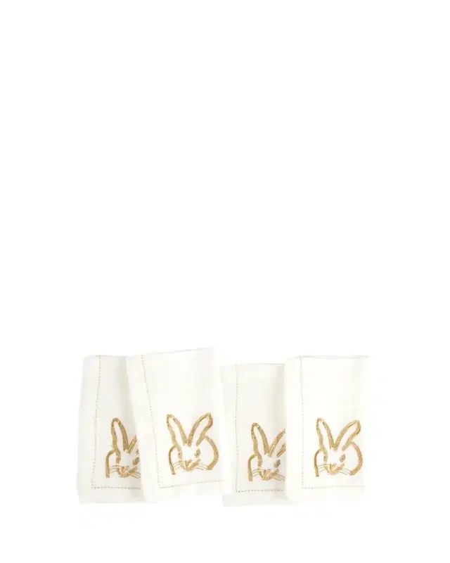 Hunt Slonem Painted Bunny Embroidered Dinner Napkin - White/Gold