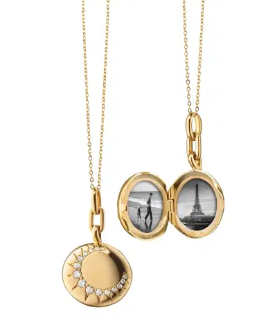 MONICA RICH KOSANN 18K Gold Round Sun Locket with Diamonds on a 17" Delicate Belcher Chain | Thumbnail 1 MONICA RICH KOSANN 18K Gold Round Sun Locket with Diamonds on a 17" Delicate Belcher Chain | Thumbnail 1